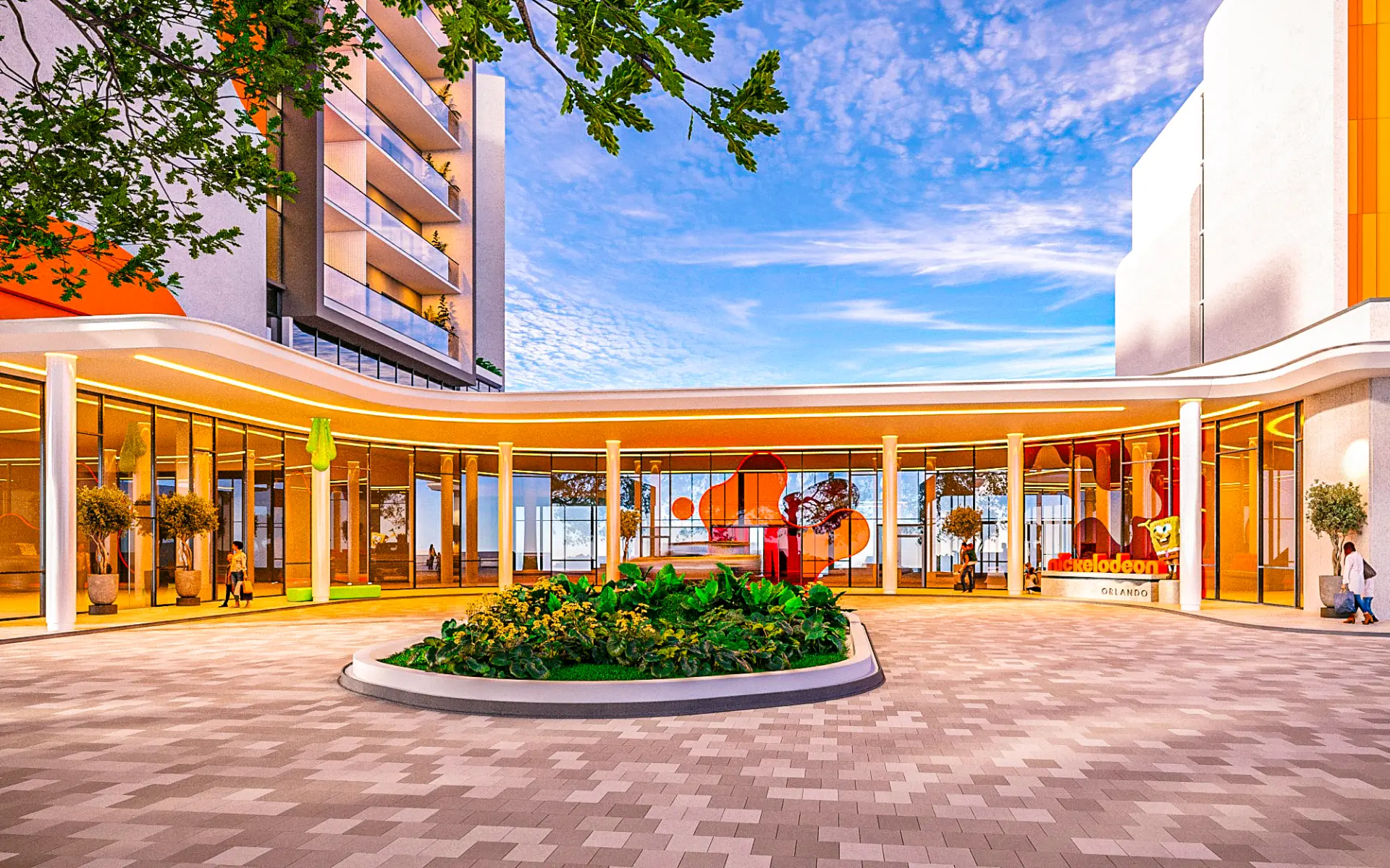 Rendering of the arrival plaza and glass lobby at sunset