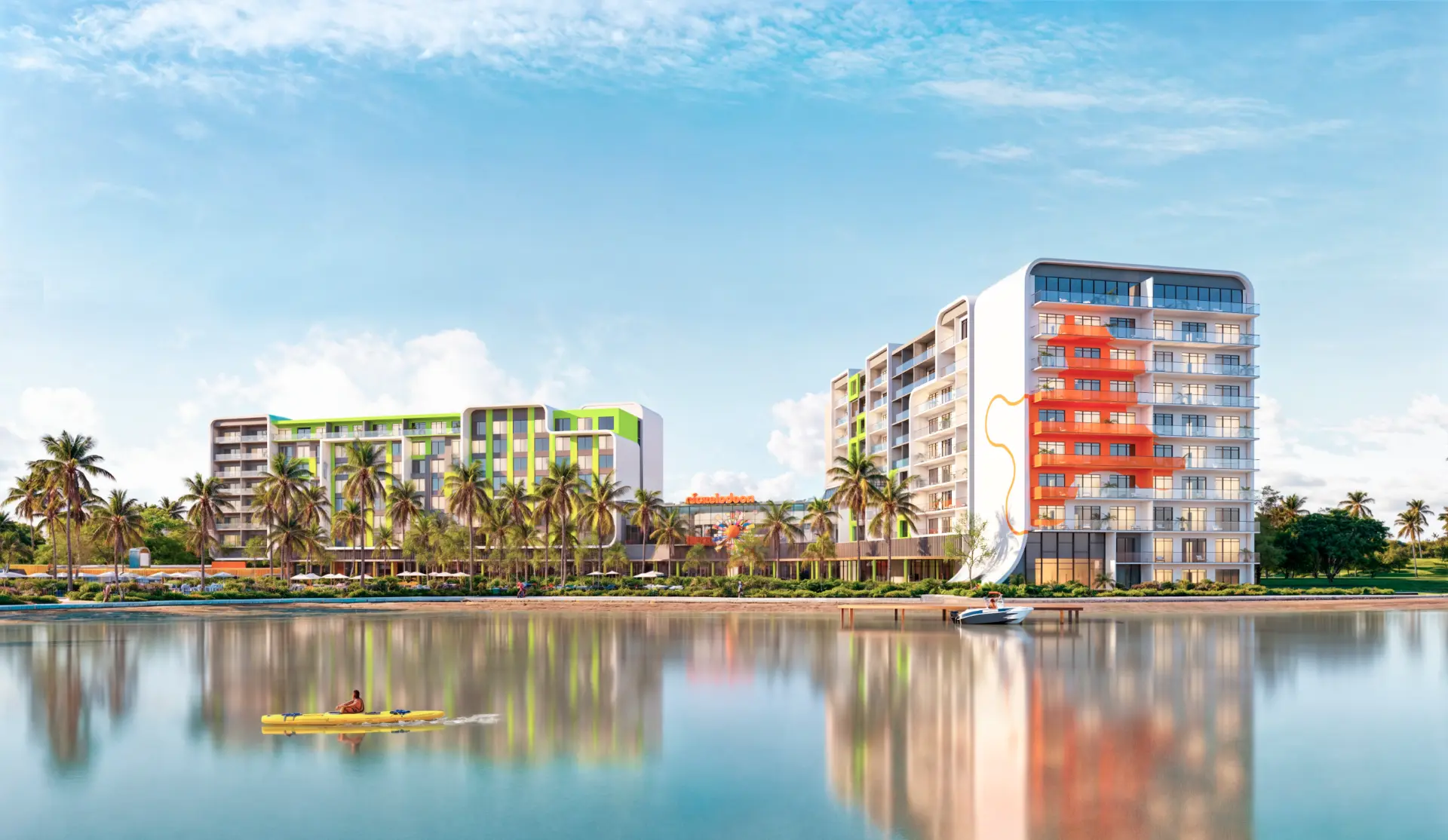 Lake-front elevation rendering of the Nickelodeon Orlando residence towers