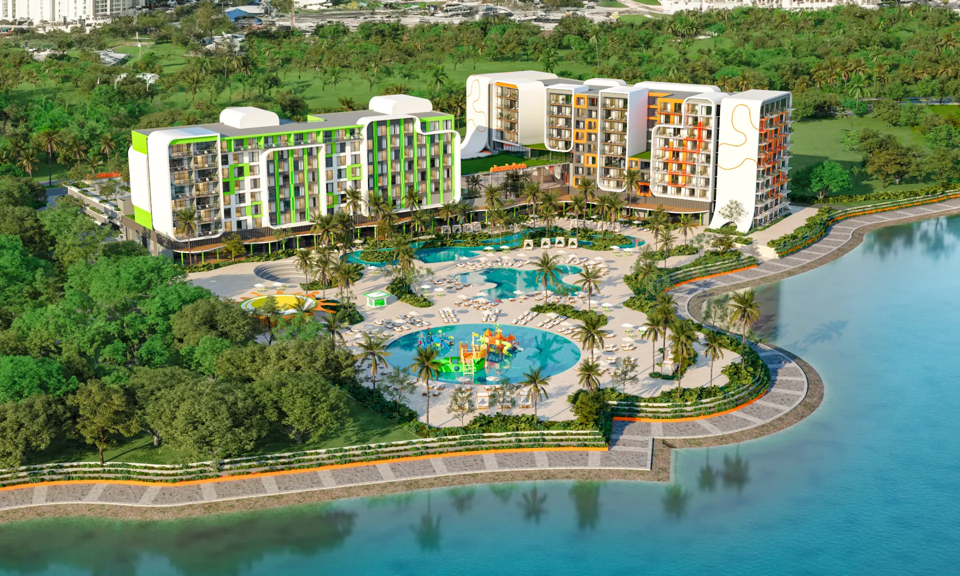 Aerial rendering of the resort residences on the waterfront with pool deck and waterpark