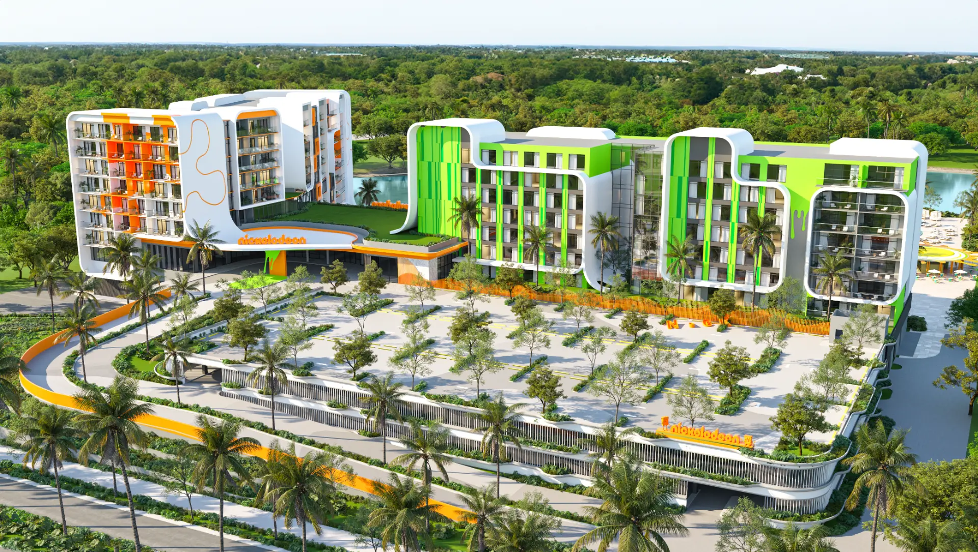 Aerial rendering of the full resort complex and arrival court