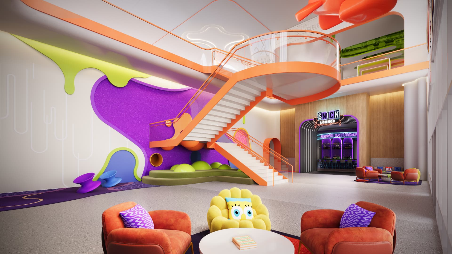 Rendering of the resort lobby with slime feature wall, sculptural staircase and Snick Lounge