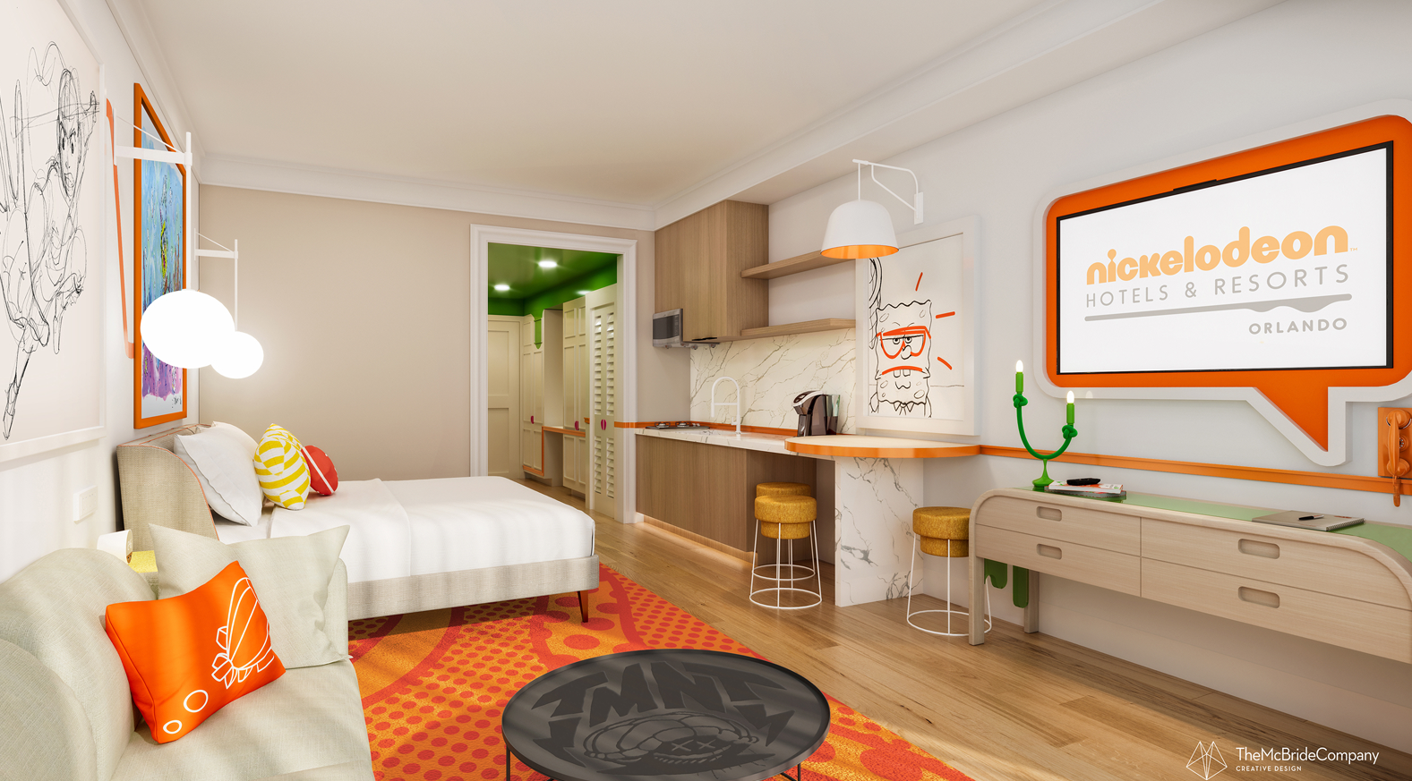 Studio residence rendering with themed bed wall and kitchenette