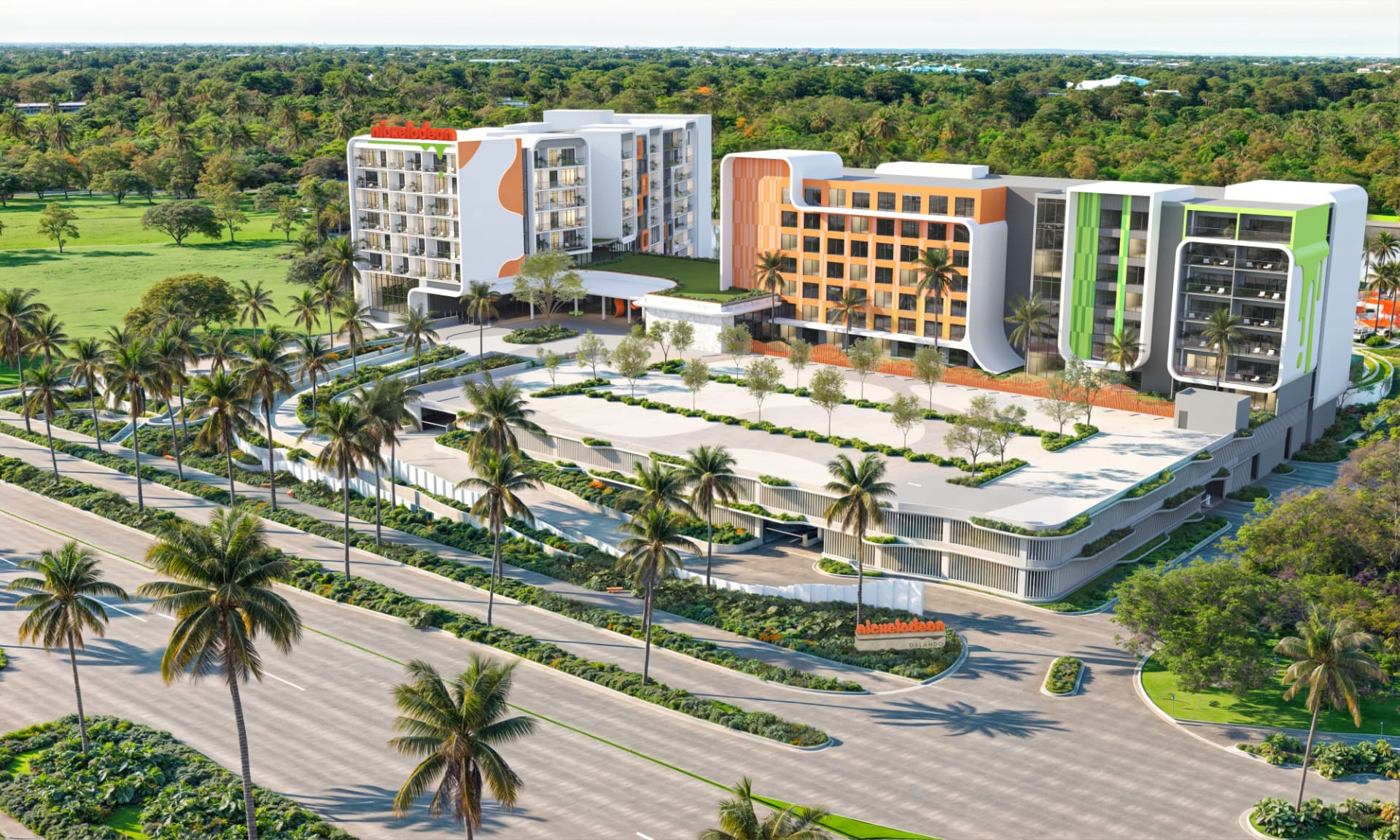 Rendering of the street approach, arrival court and parking structure