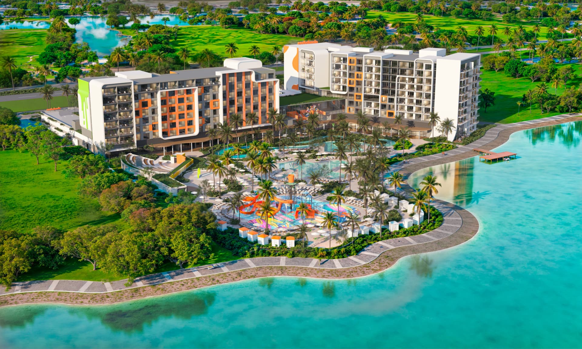 Aerial rendering of the lagoon, waterpark and pool deck