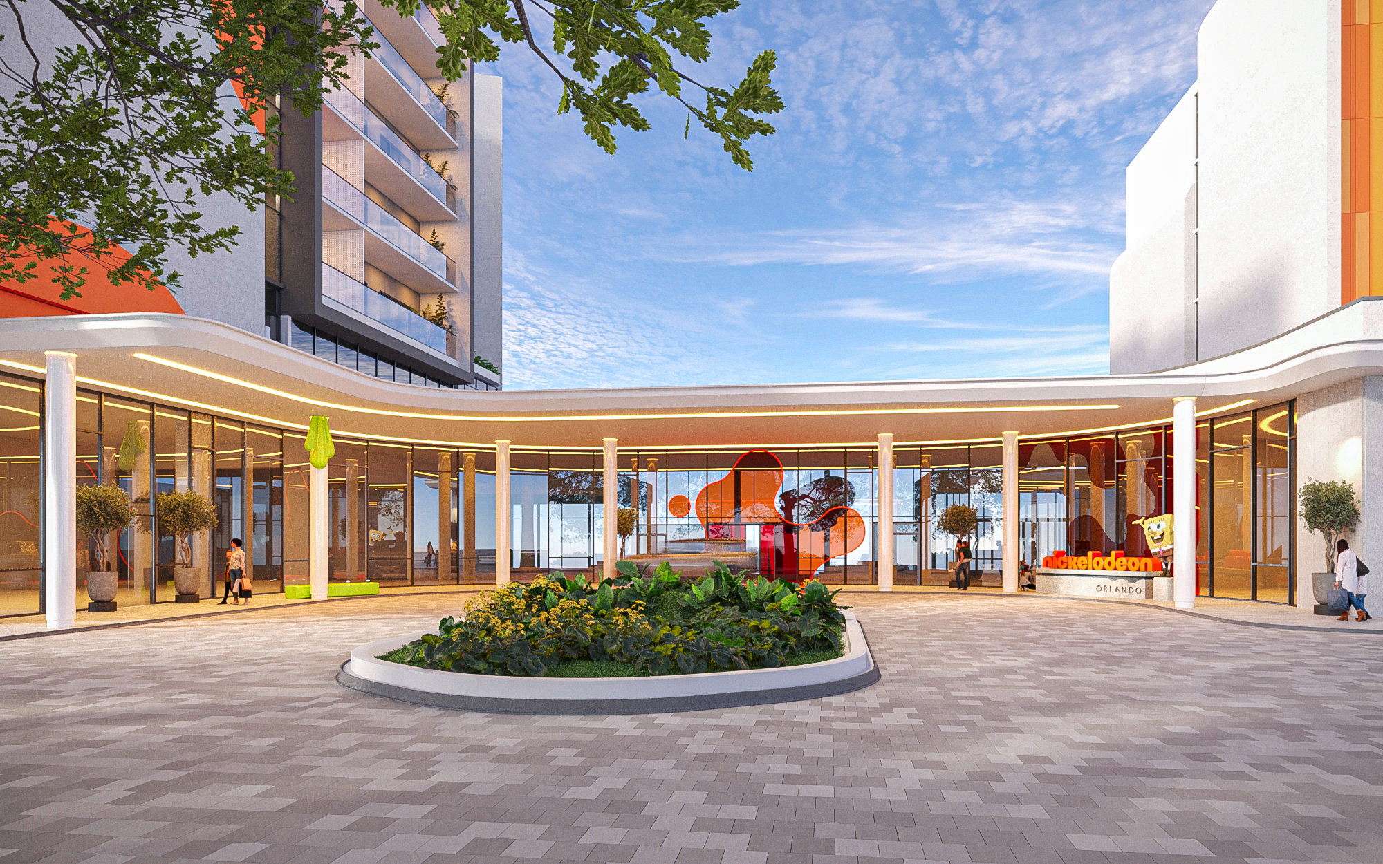 Daytime rendering of the arrival plaza and glass lobby