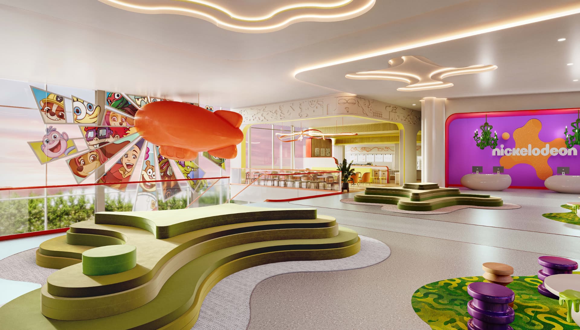 Rendering of the lobby check-in hall with character art wall and lounge seating